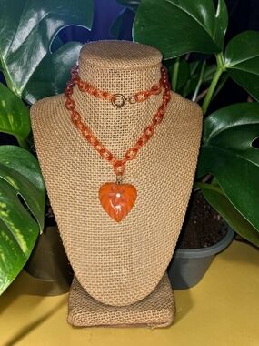 Very Vintage 1930s Carved Butterscotch Heart Pendant Necklace